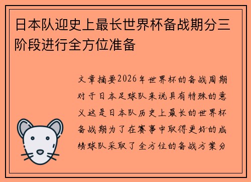 日本队迎史上最长世界杯备战期分三阶段进行全方位准备