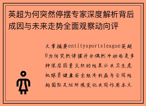 英超为何突然停摆专家深度解析背后成因与未来走势全面观察动向评