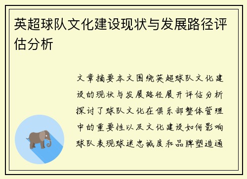 英超球队文化建设现状与发展路径评估分析