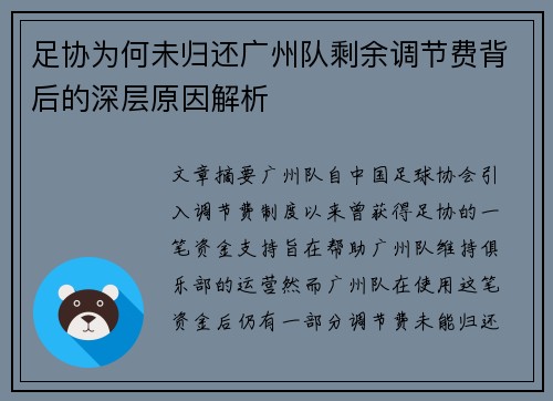 足协为何未归还广州队剩余调节费背后的深层原因解析